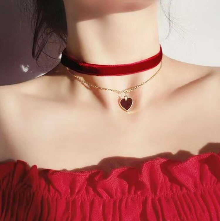 Layered Pendant Necklace Aesthetic - Romantische dubbellaagse choker ketting rood fluwelen